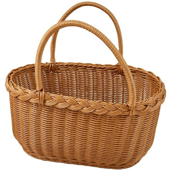 MERRYHAPY Light Brown Imitation Rattan Storage Basket with Round Handle for Home Use