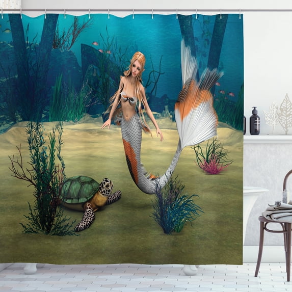 Ambesonne Colorful Shower Curtain, Mermaid Turtle Ocean, 69"Wx84"L, Multicolor