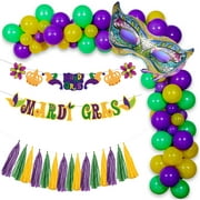 84pcs Mardi Gras Green Party Decorations Balloons Garland Arch Kit Fat Tuesday, Tail Moon Balloons, Purple Green Yellow Balloons Banner Mask Foil Balloon for New Orleans Mardi Gras Spring Party