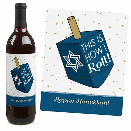 Big Dot of Happiness Happy Hanukkah - Chanukah Decorations for Women and Men - Wine Bottle Label Stickers - Set of 4