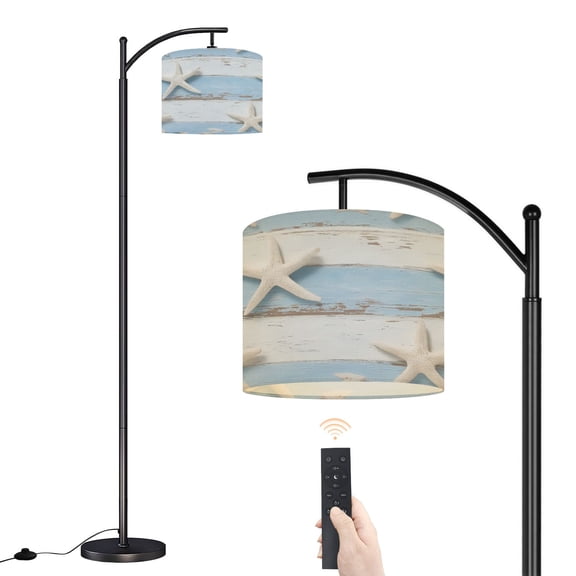 Arc Floor Lamp with Adjustable Lampshade White Starfish Distressed Blue White Wooden Plank Standing Lamp 3 Color Temperatures Dimmable Tall Pole Lamp with Foot Switch for Bedroom
