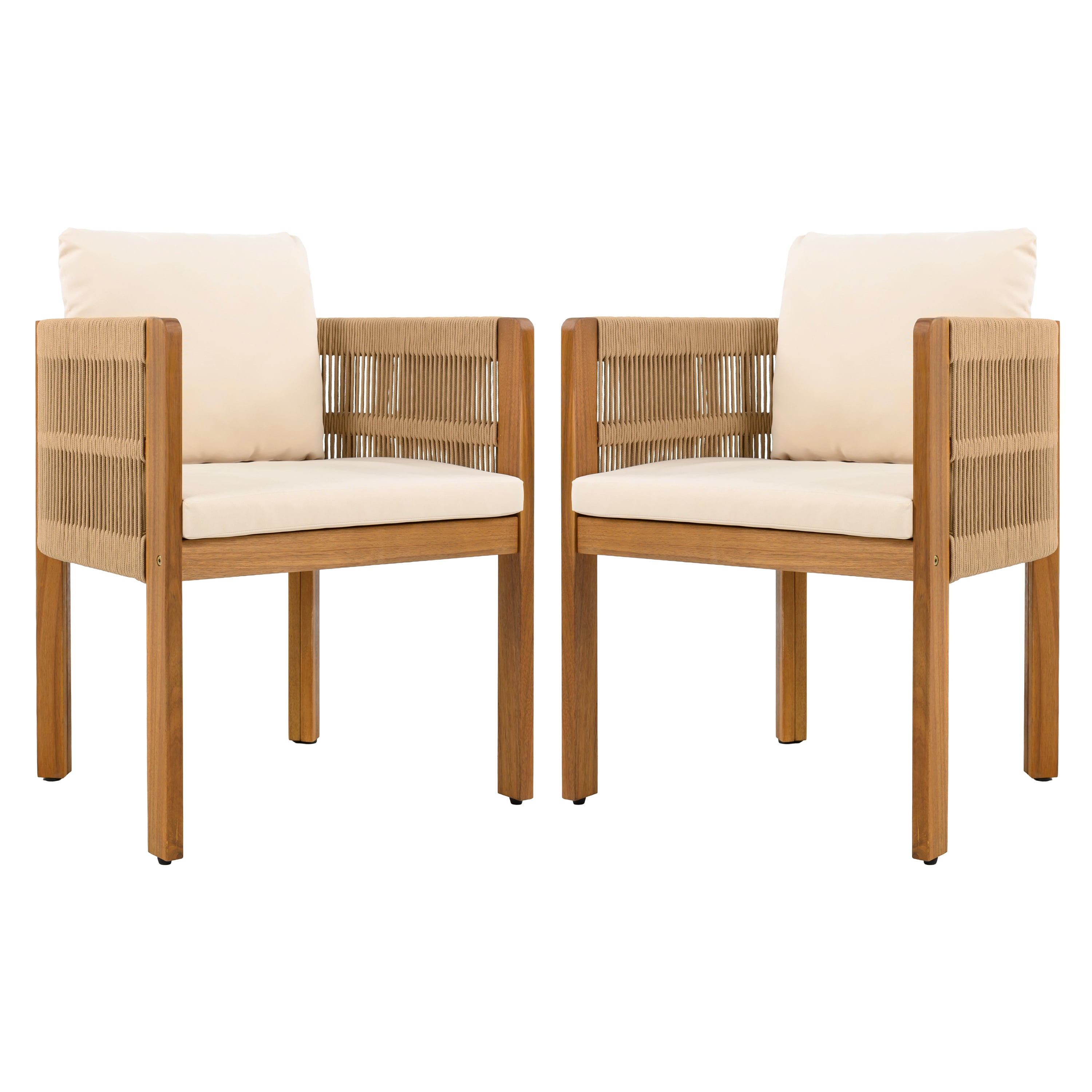 Acacia Wood Outdoor Dining Chairs Set of 2 with Brown Rope Handles Washable Waterproof Beige Cushions, Teak