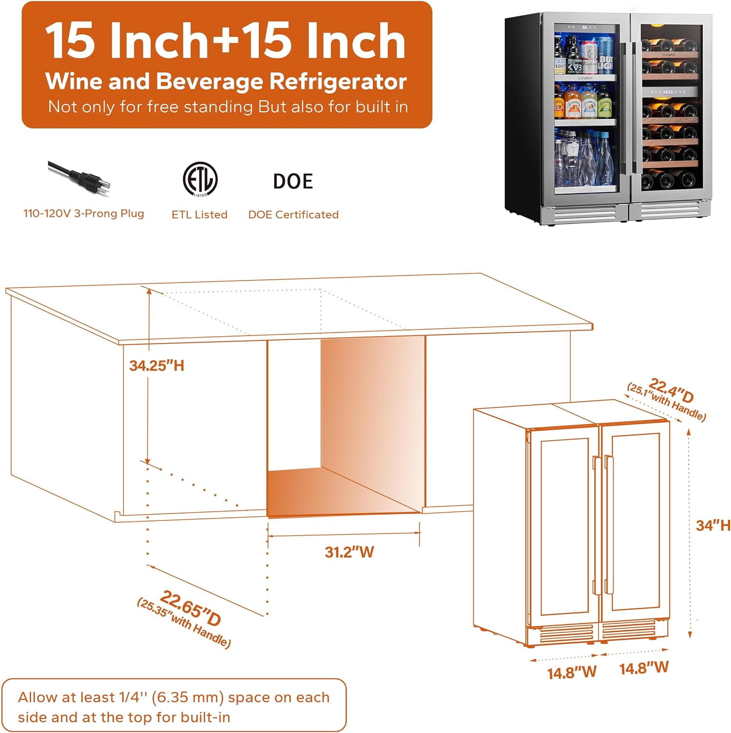 Ca'Lefort 30" Wine and Beverage Refrigerator, 28 Bottles Dual Zone Wine Fridge and 100 Cans Beverage Fridge Cooler with Stainless Steel  Door Framed