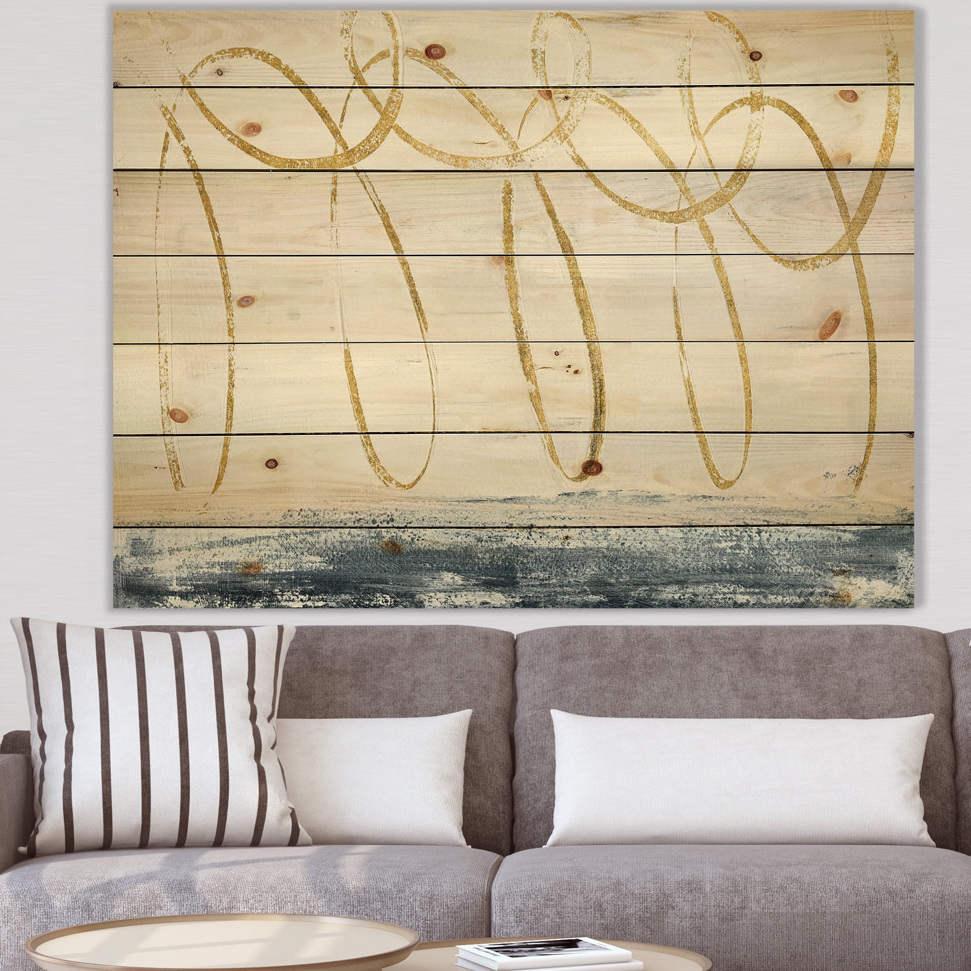 Designart 'Abstract Gold Geometrical Shape' Modern Transitional Print on Natural Pine Wood