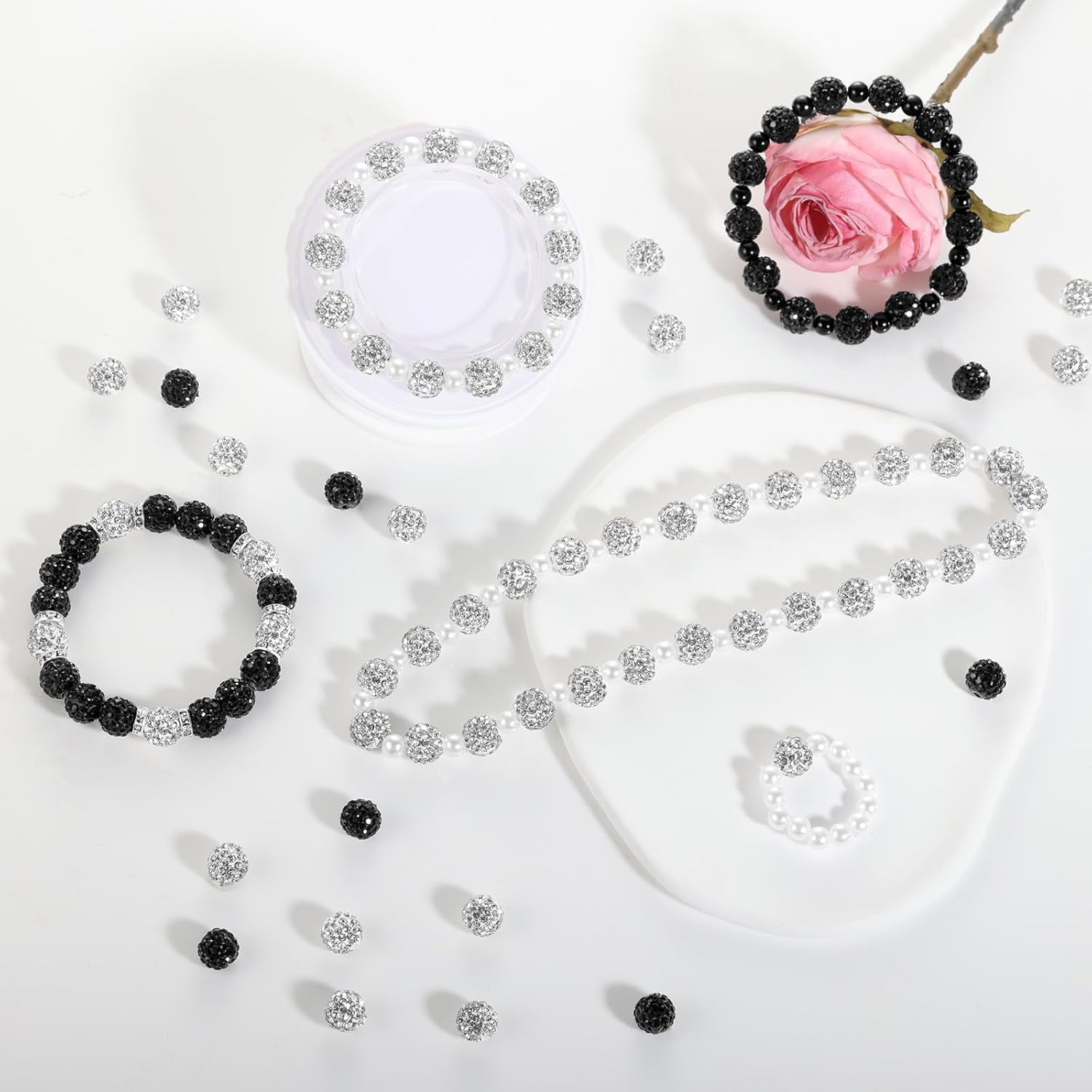 320pcs Rhinestone Beads for Jewelry Making, 10mm Black and White Beads Disco Ball Chunky Crystal Bead, Rhinestone Bubblegum Round Bead for DIY Bracelets Necklace Earring Supplies