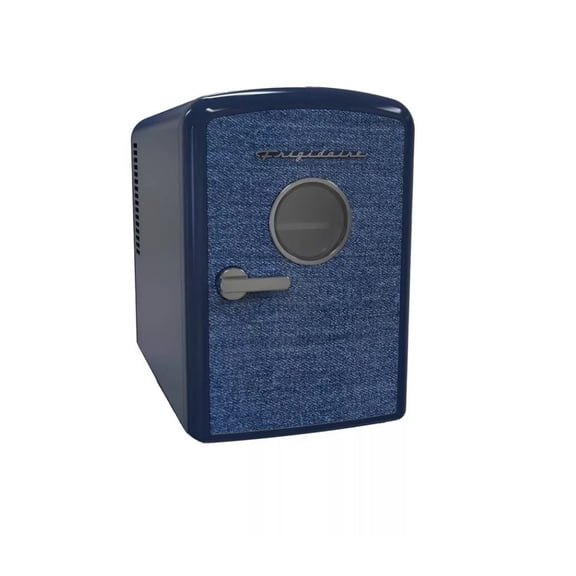 Pre-Owned Frigidaire 9 Can or 6L Denim Beverage Portable Mini Fridge EFMIS199-INDIGODENIM, Includes 110V home power cord & 12V DC car adapter