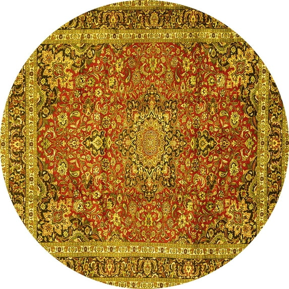 Ahgly Company Machine Washable Indoor Round Persian Yellow Traditional Area Rugs, 4' Round