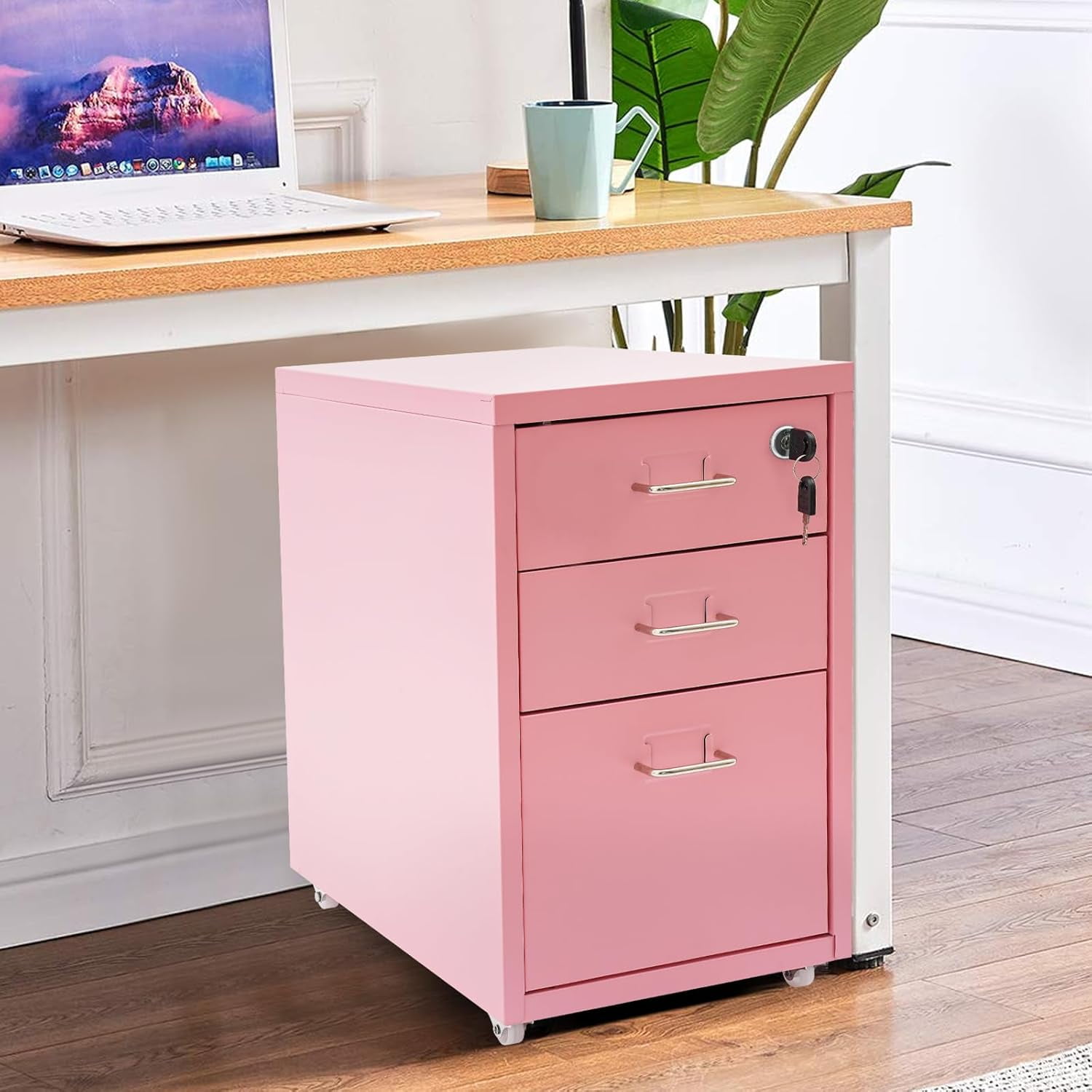3 Drawer Pikn File Cabinet, Metal Filing Cabinets with Lock, Pink Vertical Filing Cabinet Under Desk for Home Office, Heavy Duty Metal Storage Cabinet for A4/Letter/Legal Size File