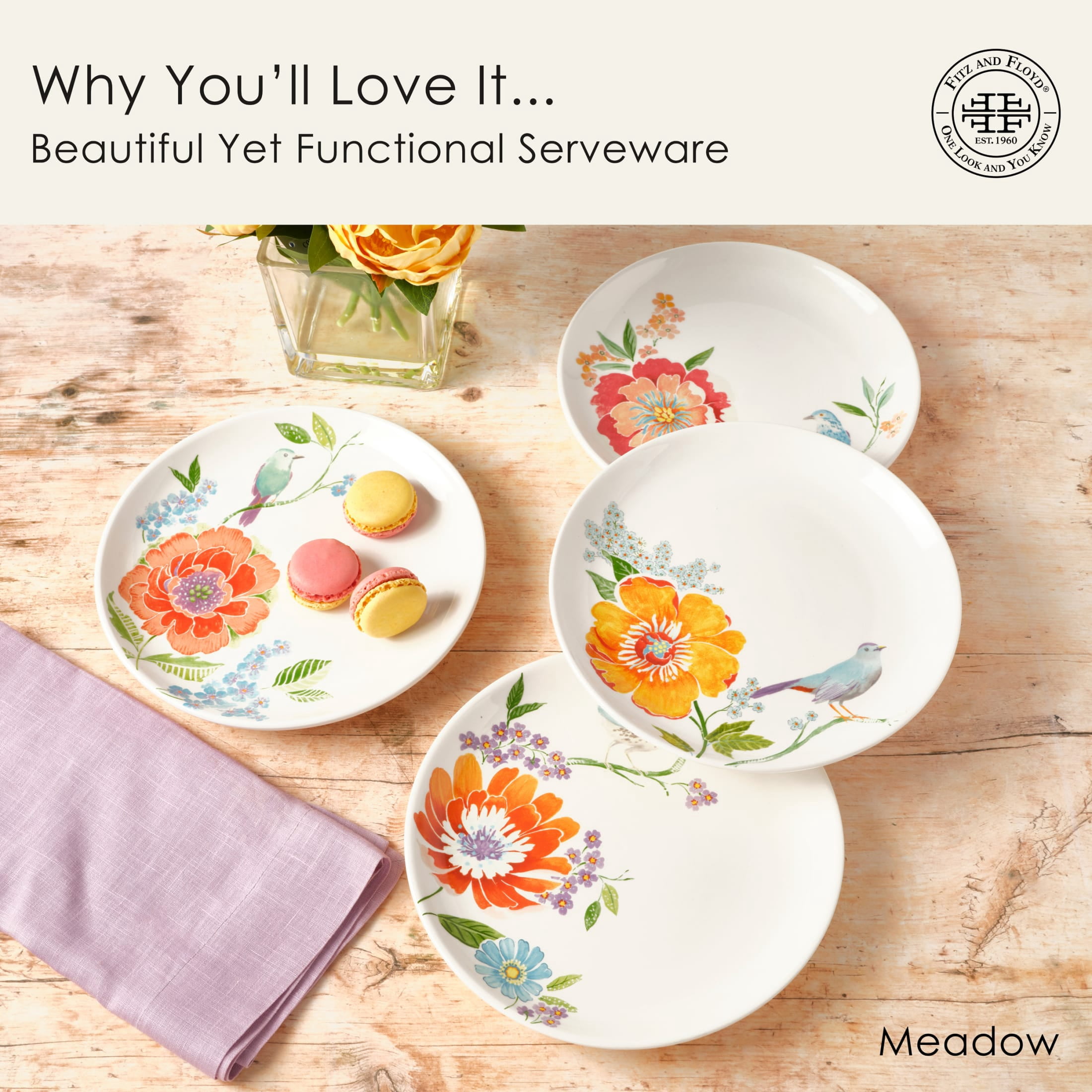 Fitz and Floyd Meadow 8 1/4" White Round Earthenware Party Plate (4 Count)