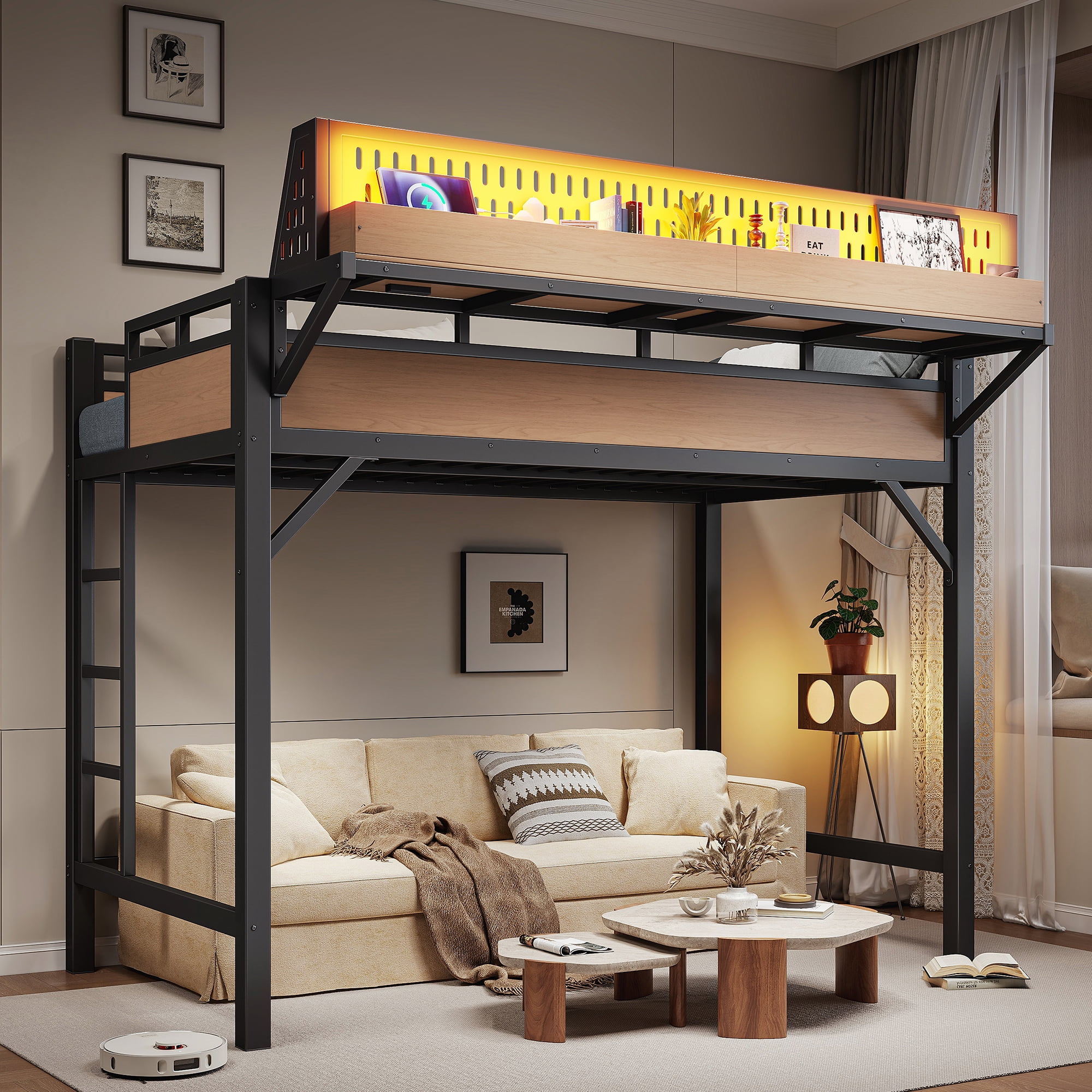 Mintazer Twin XL Size Loft Bed with LED Lights & Charging Station, Metal Loft Bed with Storage Shelves and Pegboard, Black & Natural