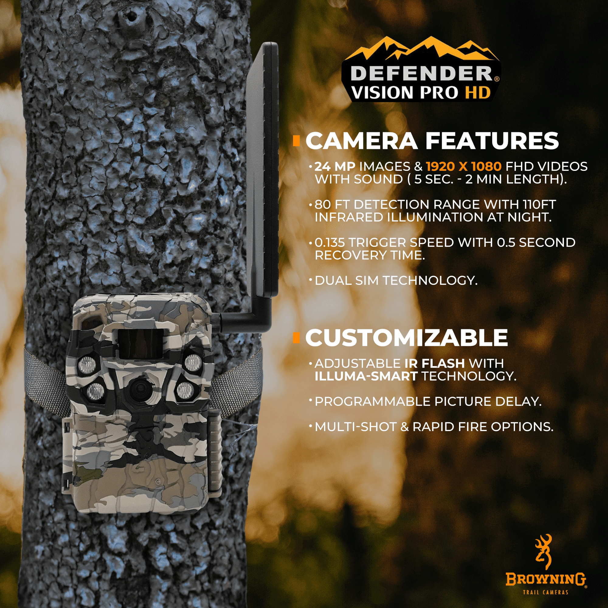 Browning Trail Camera Defender Wireless Vision Pro HD Cellular Trail Camera, 24 MP, Dual SIM Trail Camera, 110ft Night Detection Range