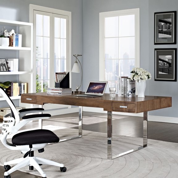 Modway Tinker Modern Stainless Steel & Wood Office Desk in Walnut