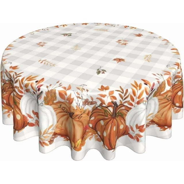 Fall Tablecloth Round 60 x 60 Inch Thanksgiving Buffalo Plaid Pumpkins Table Cloth Polyester Fabric Farmhouse Harvest Autumn Table Cover for Kitchen Party Picnic Outdoor Decor