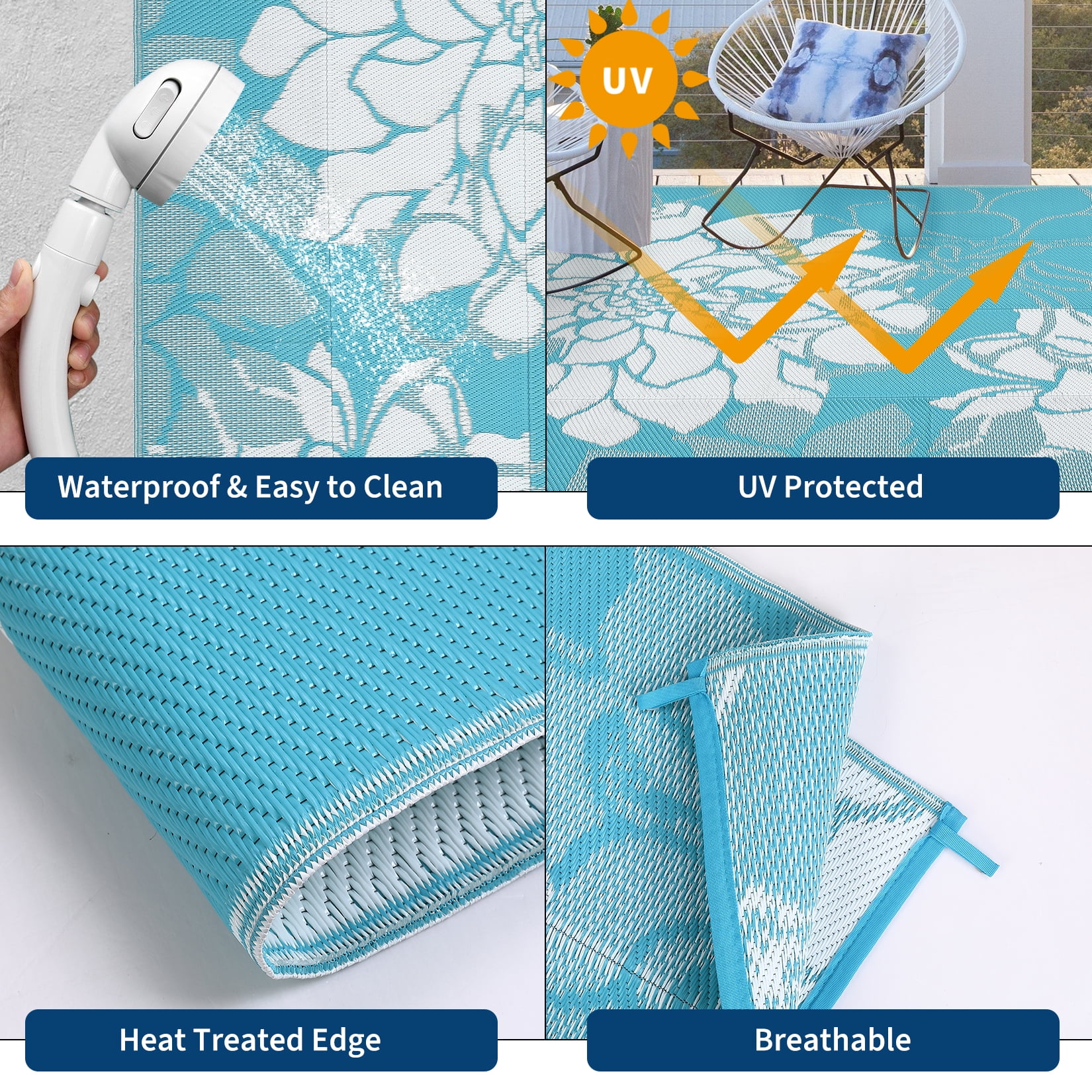 Hasoo 9' x 18' Light Blue Outdoor Rug for Patio Decor Waterproof Plastic Straw Modern Geometric Carpet PP Tube Woven Portable Camping Mat for Picnic Balcony