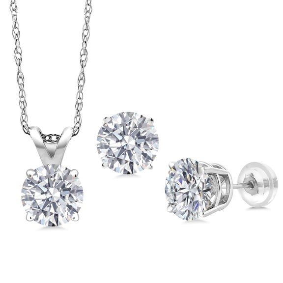 Gem Stone King 14K White Gold Lab Grown Diamond Pendant Earrings Jewelry Set for Women | 1.50 Cttw | Gemstone April Birthstone | Round 5MM | DEF Color | VVS-VS Clarity | With 18 inch Chain