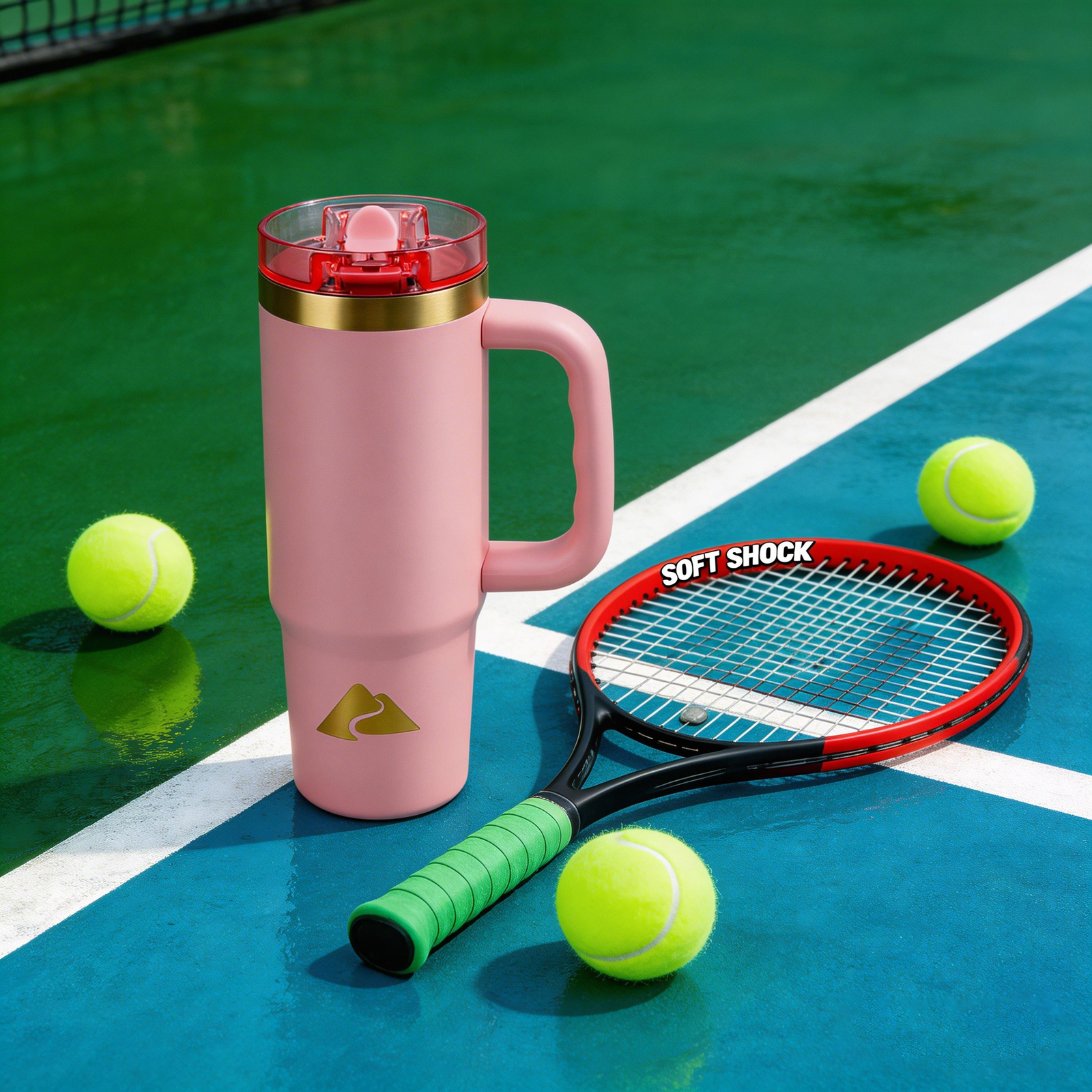Termo de viaje aislado de acero inoxidable de 30 oz con asa y tapa con popote abatible, color Rose Shimmer 2