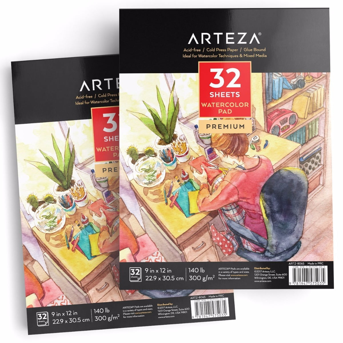 Arteza 9" x 12" Cold-Pressed Watercolor Paper Pad, 32 Sheets, Set of 2