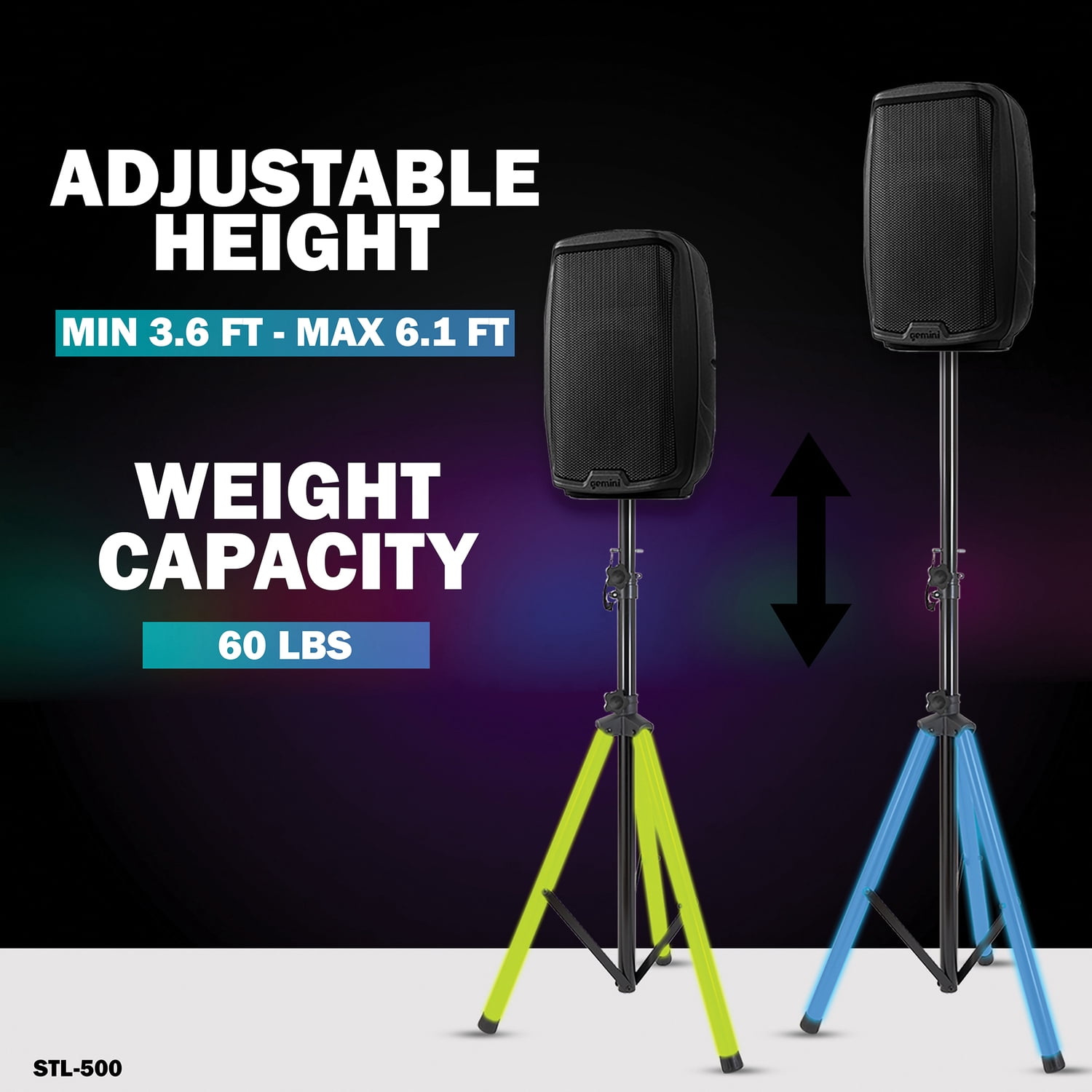 Gemini Professional Adjustable Tripod Speaker Stand with Color-Changing LEDs, 2,000-Watt Active 15-In. Bluetooth Loudspeaker & UHF Single Wireless Microphone System, 843631170786