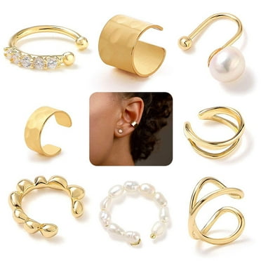 Chok 8 Pcs Sparkling Ear Cuff pack Gold Dainty Helix Earrings Huggie Stud Cuff Earrings for women Earring Set | Clip On Cartilage non pierced-Jewelry Gifts