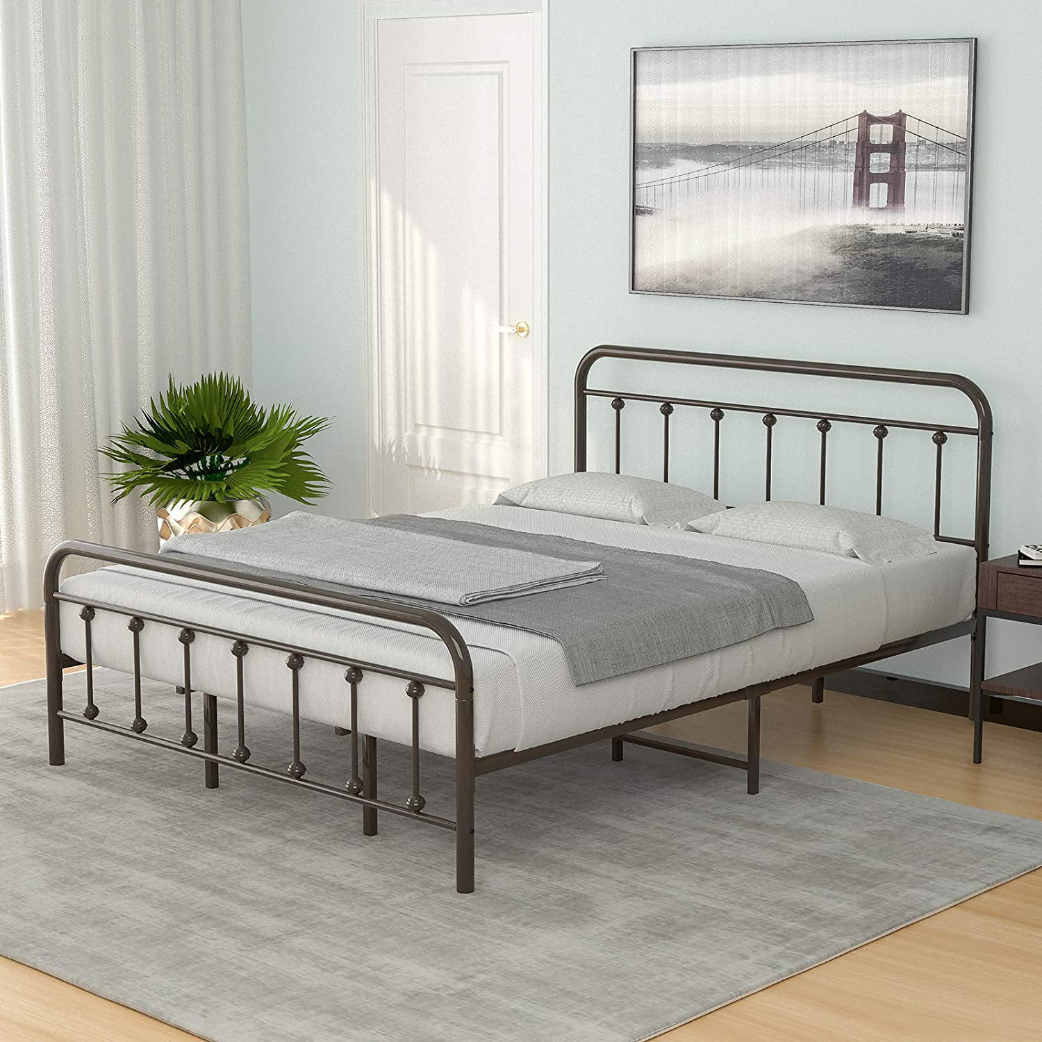 Platform Bed with Strong Metal Slats Black Upholstered Faux Leather Headboard Easy Assembly No Box Spring Needed Twin, Black mecor Vintage Metal Twin Bed Frame