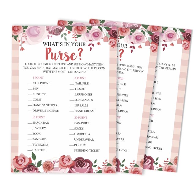 Inkdotpot 50-PackFloralWhats In Your Purse Bridal ShowerGameWedding Shower Bachelorette Party Bulk ActivityGameCards