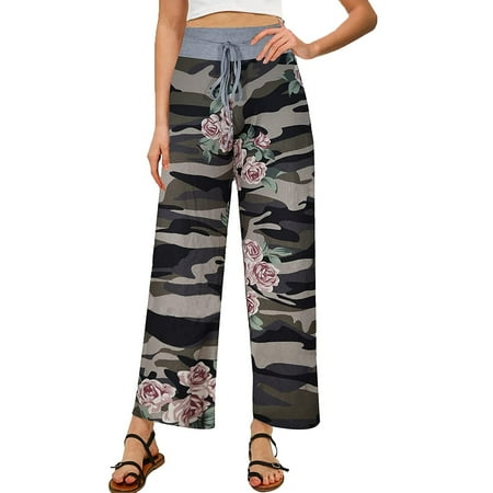 

Miarhb Women s Comfy Print Pajama Pants Stretch Drawstring Palazzo Lounge Wide Leg Pant Camouflage/XXL