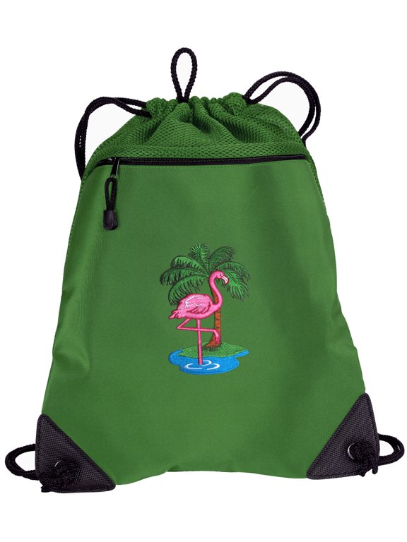 Flamingos Drawstring Bag TWO SECTION Pink Flamingo Cinch Backpack Pack - Unique Mesh & Microfiber Sections