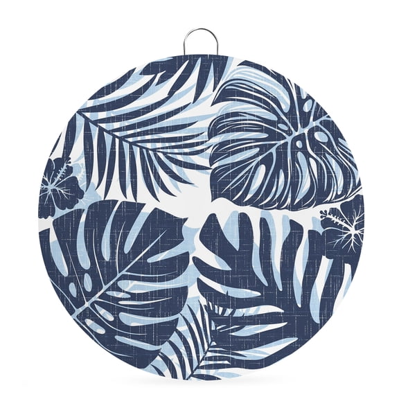 Round Welcome Sign for Front Door, Navy Indigo Monstera Hanging Metal Farmhouse Wall Decor for Porch Entryway, Palm Tree Leaf Boho Botanical Tropical Decoration for Holiday Housewarming Gift, 8 in