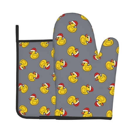 

Jgfou Christmas hat duck Pattern Oven Mitts and Pot Holders Sets Heat Resistant Oven Mittens Soft Lining Extra Thicken Long Kitchen Cotton Oven Glove for Cooking