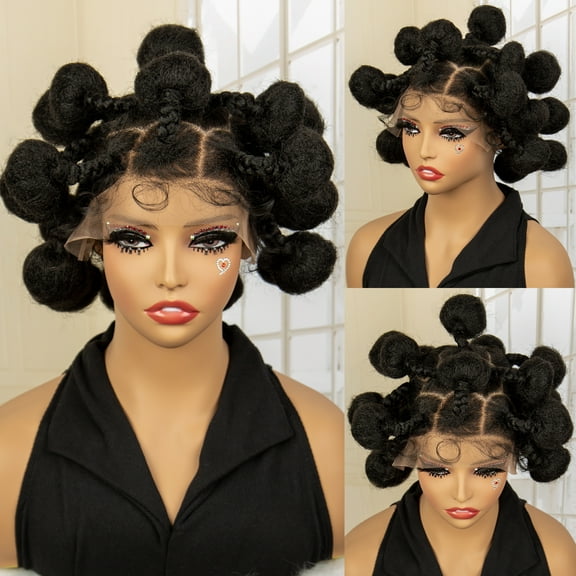 Sedittyhair Bantu Knotless Braids Wig Synthetic Full Lace Braided Wig Buns Wig Full Lace With Baby Hair African Braiding Hair for Women (1B Color)