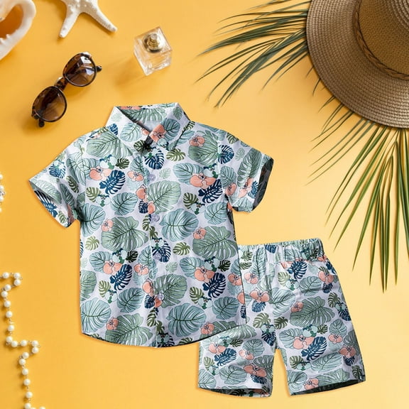 Coerni Toddler Kids Boho Clothes Printed Lapel Tops Casual Shorts Sets Boys Summer Beach Outfits 1 to 3 Years Hawaii Holiday Set