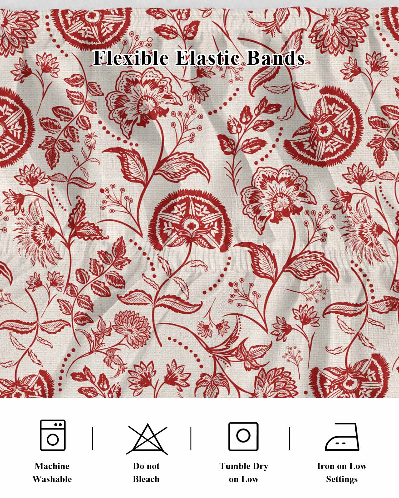 Farmhouse Red Floral Bed Skirt King Size 16 Inch Drop, Linen Boho Flower Rustic Country Adjustable Elastic Dust Ruffles Bedskirt for King Bed Wrap Around Pleated Mattress Frame Cover
