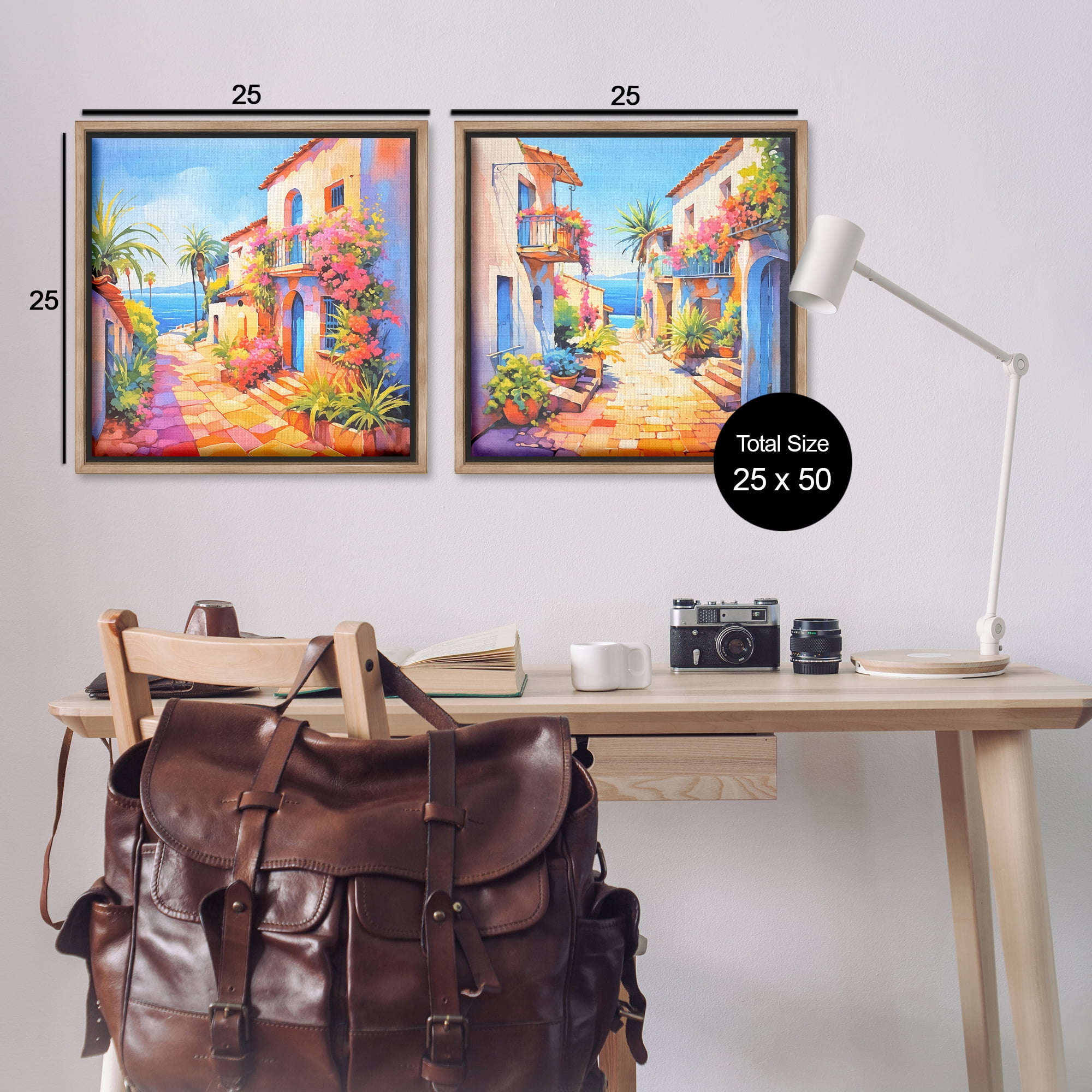 Stupell Industries Mediterranean Summer Island Vista Buildings & Architecture Painting Brown Floater Framed Canvas Art Print Wall Art, 25 x 25, Set of 2