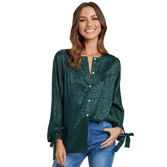 VISgogo Blusa de Mujer Leopardo Estampado Jacquard Botones Cuello Redondo Manga Larga Casual Camisas VISgogo moda