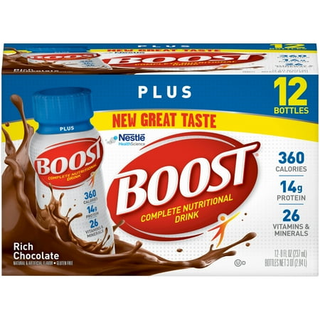 Nutritional Value Pack - Boost Plus Complete Nutritional Drink, Rich Chocolate, 8 fl oz Bottle, 12 Count