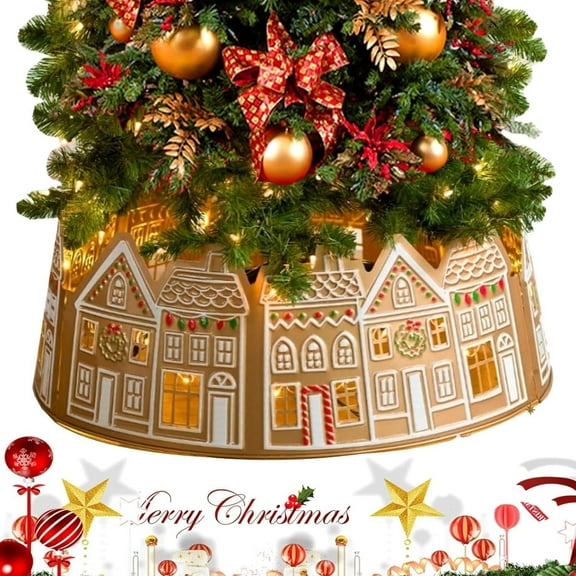 Kafsov Christmas Tree Skirt, LED Gingerbread House Christmas Tree Collar for Christmas Decorations, Light Up Xmas Tree Decor 23.6"