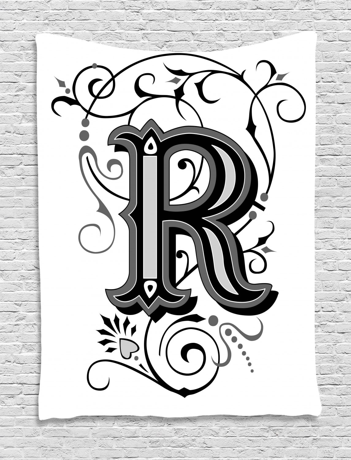 Letter R Tapestry, Baroque Antique R Typography with Old Fashion English Aristocratic Swirls 