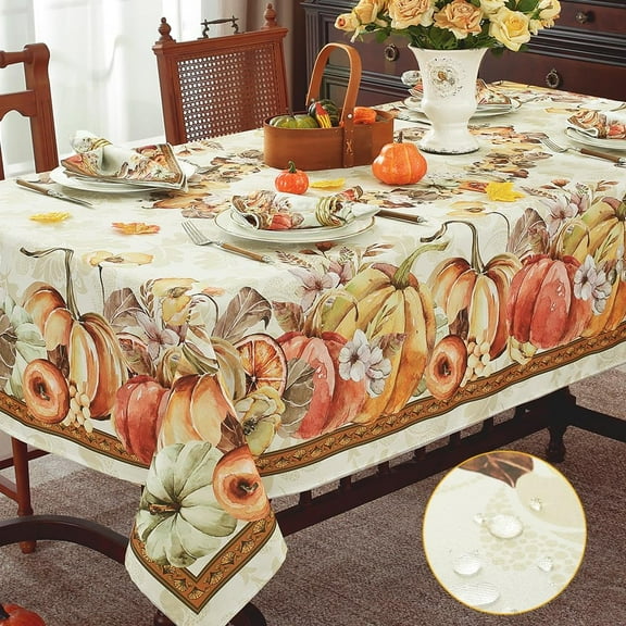 Fall Pumpkin Table Cloth Rectangle 60x60 Inches (Harvest Pumpkin Pattern Spillproof, Wrinkle Free Tablecloths, Fabric Table Cover for Thanksgiving Autumn Dinner Banquet Party Decoration)