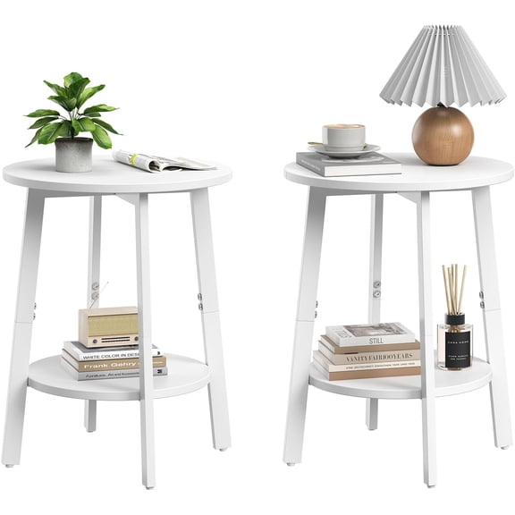Side Table Set of 2, Small Round End Table with Storage Shelf for Small Space, 2-Tier Bedside Table Sofa Couch Table, Round Nightstands Set 2 Accent Table for Living Room, Bedroom, White