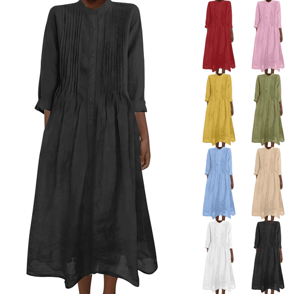 Kojanyu Women's Cotton Linen Long Sleeve Midi Dress – Round Neck Casual Solid Color with Pockets