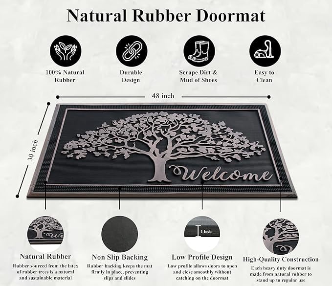A1HC Rubber Pin Welcome Door Mats for Outdoor Indoor Entrance, Non-Slip Backing Front Door Mat, 30"x48" Shredding Tree