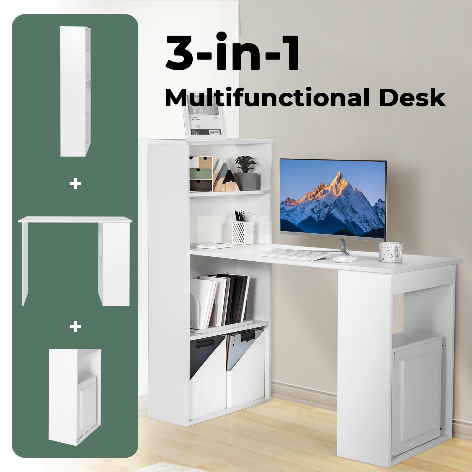 Topbuy 48 Inch Computer Desk with Bookshelf 3-in-1 Home office Desk with 4-Tier Bookcase & CPU Stand Space-saving Reversible Writing Desk White