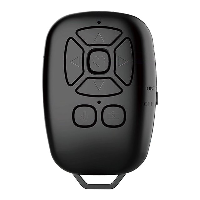 mando a distancia disparador bluetooth recargable - 150mah, 10m de alcance, botón multifunción, ble-m3 - para control de cámara de teléfono, desplazamiento de vídeo, ajuste de volumen: vista frontal centrada de control remoto negro tamaño bolsillo con pad direccional de cuatro flechas y botón central, dos botones inferiores con iconos de micrófono y cámara, interruptor lateral ON/OFF y anilla para llavero; adecuado para fotos de grupo y retransmisiones en vivo.