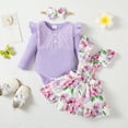 thumbnail image 3 of Newborn Baby Girls Clothes Baby Girls Outfits 0-3 Months Girls Long Sleeve Solid Color Romper Top Floral Strap Skirt Headband 3PCS Set Purple, 3 of 10