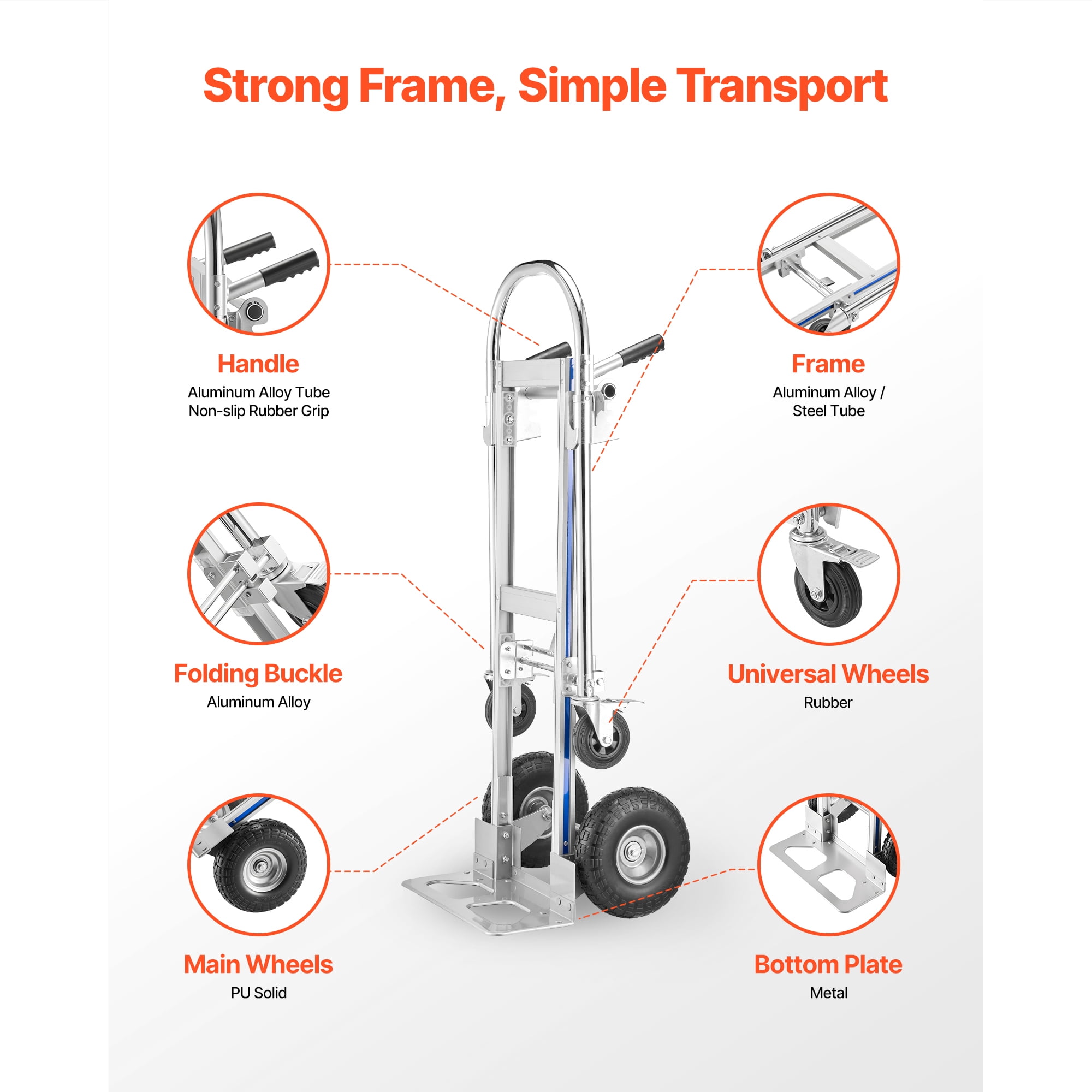 KFFKFF 2-in-1 Convertible Hand Truck, 1000 lbs Capacity for 4-Wheel Configuration, Heavy-Duty Dolly with Non-Slip Handle & Durable Wheels, Versatile Cart for Home, Warehouse, and Supermarket Use