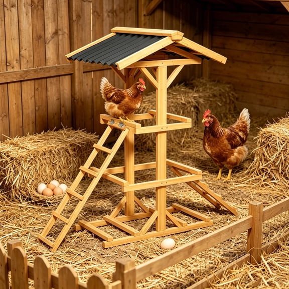 Weatherproof Wooden Chicken Roosting Bars with Roof, 3-Tier Perches & 2 Ladders, Outdoor Chicken Coop Perch for Chicks and Young Hens