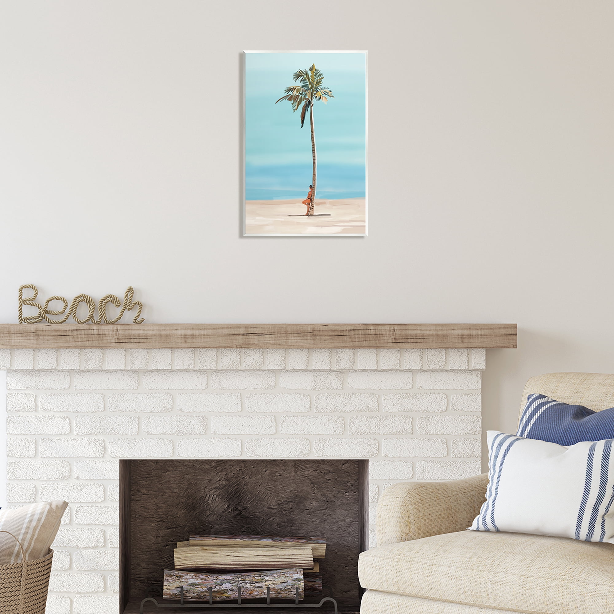 Stupell Industries Girl Leaning On Palm Tree Coastal Painting Unframed Art Print Wall Art