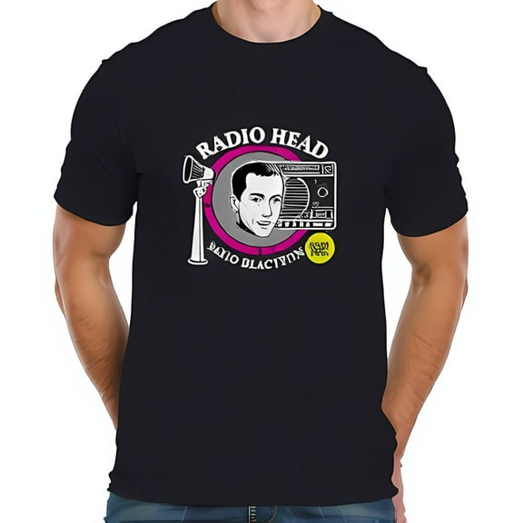 Stylish Black Cotton Short Sleeve T-Shirt with Retro Radio & Design - " RADIO HEAD " Graphic Tee for Music Lovers