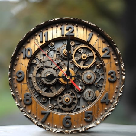 Steampunk Gear Clock Wall Decor, Vintage Metal Cogs 10-Inch Silent Wooden Wall Clock, Battery Operated (AA Batteries Not Included), Artistic Home Decor