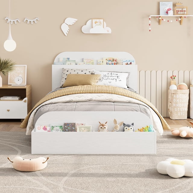 Tamaño individual para niños marco de cama almacenamiento cabecero & footboard low-profile wood platform sturdy wood slats no necesita colchón base blanca